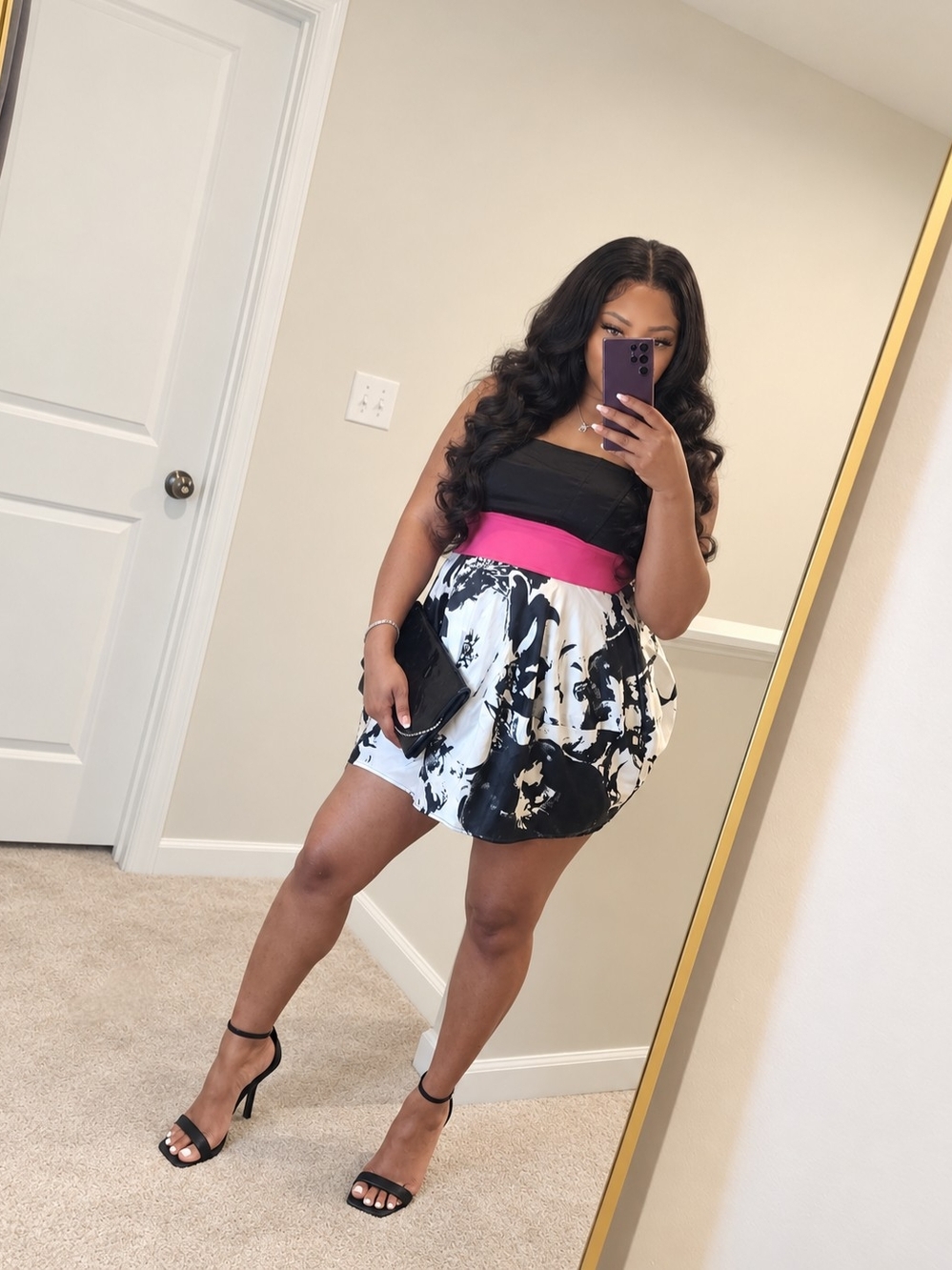 Strapless Black & White Printed Mini Skirt with Pink Waistband